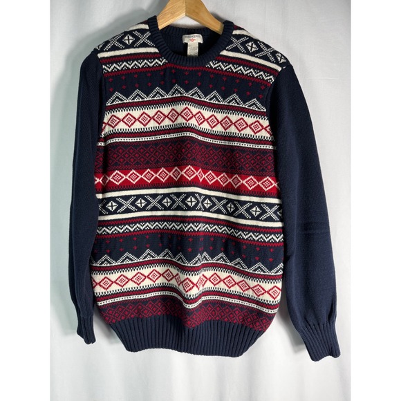 Dockers Mens Large Fair Isle Knit Sweater Crew Neck Blue Red White Cotton - Picture 1 of 9